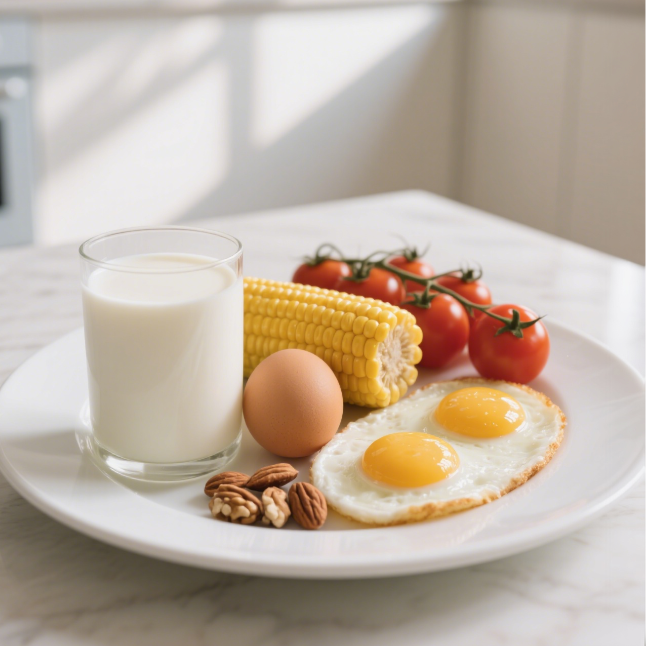 Balanced fat loss breakfast with eggs, corn, cherry tomatoes, and nuts for protein, carbs, vitamins, and healthy fats.