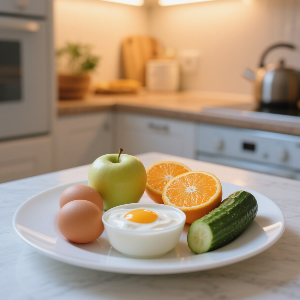 Balanced fat loss dinner with eggs, apple, oranges, and cucumber providing protein, vitamins, and fiber for healthy weight loss.