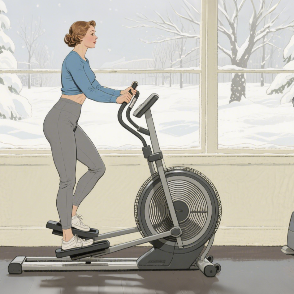ALT: Beginner warming up on elliptical before winter gym back workout
